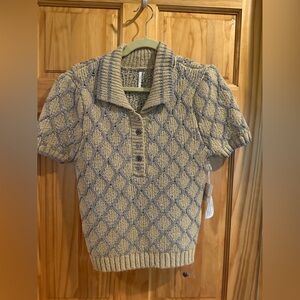Free People Beige Short-Sleeve V-Neck Diamond Knit Polo